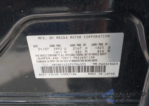 2007 Mazda Mazda3 S Sport z USA, uszkodzony, nr VIN JM1BK143371704355